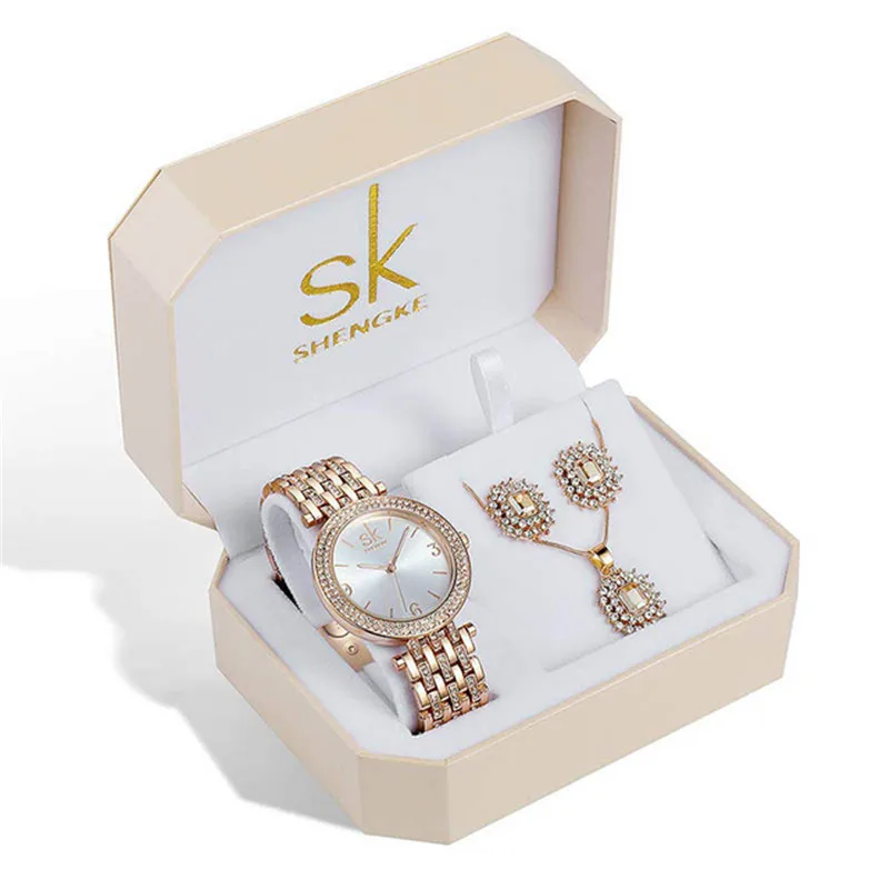 Shengke Rose Gold Watches Women Set Luxury Crystal Earrings Necklace Watches Set SK Ladies Quartz Watch Gifts For Women