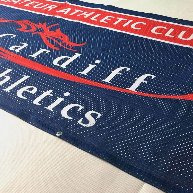 Custom Logo Printed Polyester Mesh Banner Backdrop Outdoor Windproof Rectangular Fabric Mesh Banner For Event