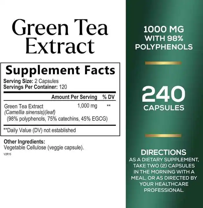GMO-Free Healthcare Supplement Heart Health and Immune Support Green Tea Extract Capsules Antioxidant Boost