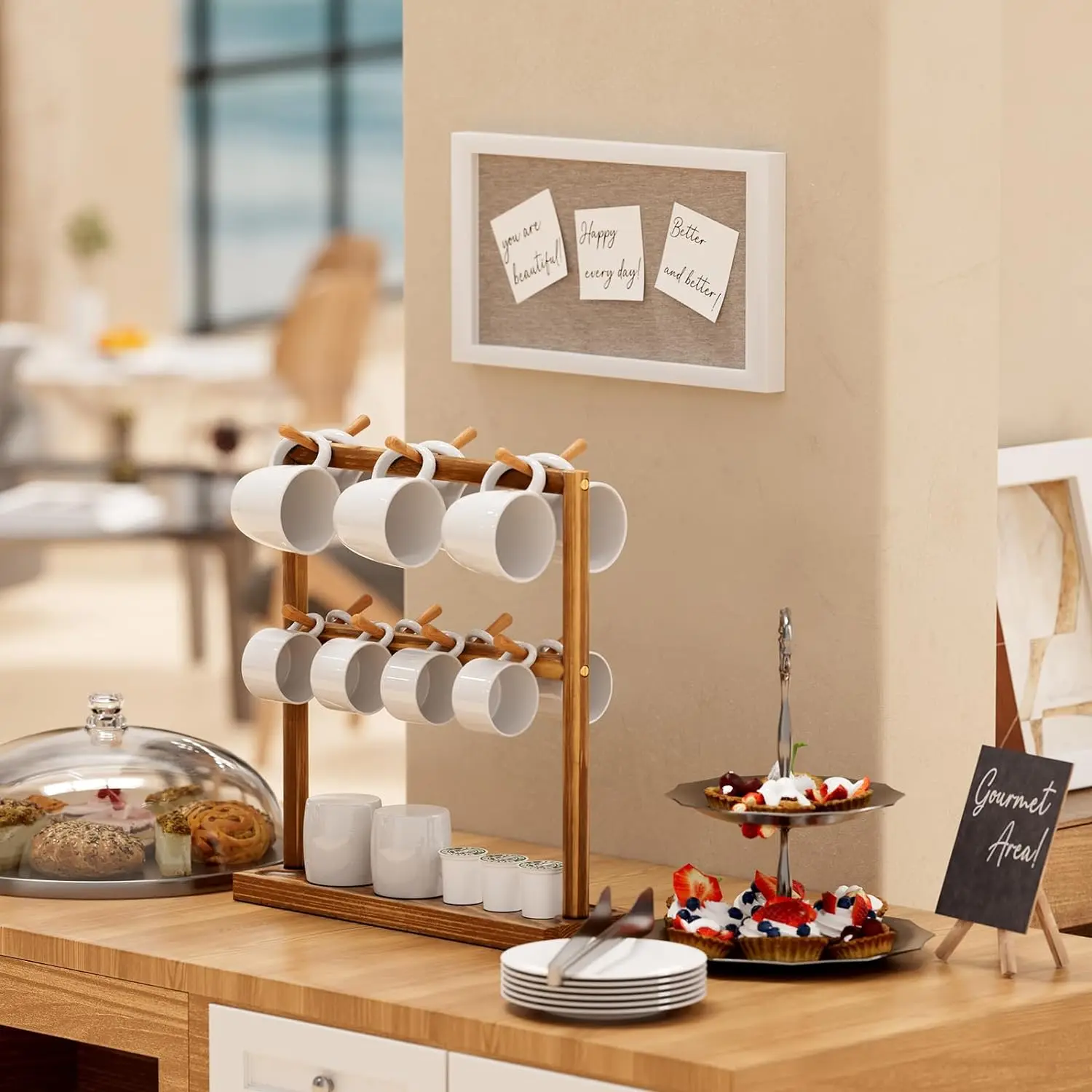 Mug Holder Coffee Cup Shelf for Counter, 2 Tier Wood Mug Tree Stand Organizer with 14 Sturdy Hooks and Storage Base,