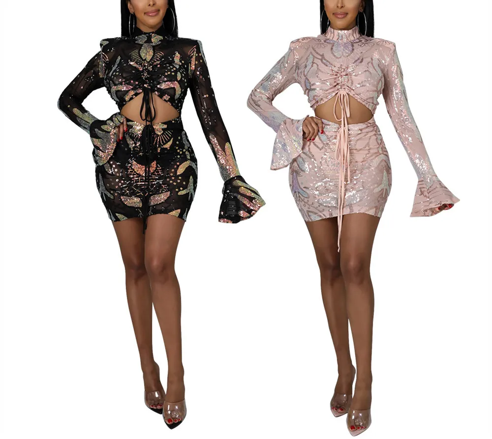 Hot Selling Sexy Net Night Club See Through Party Wear Dress Long Sleeve Sequined Mesh Hollow Out Dresses for Ladies