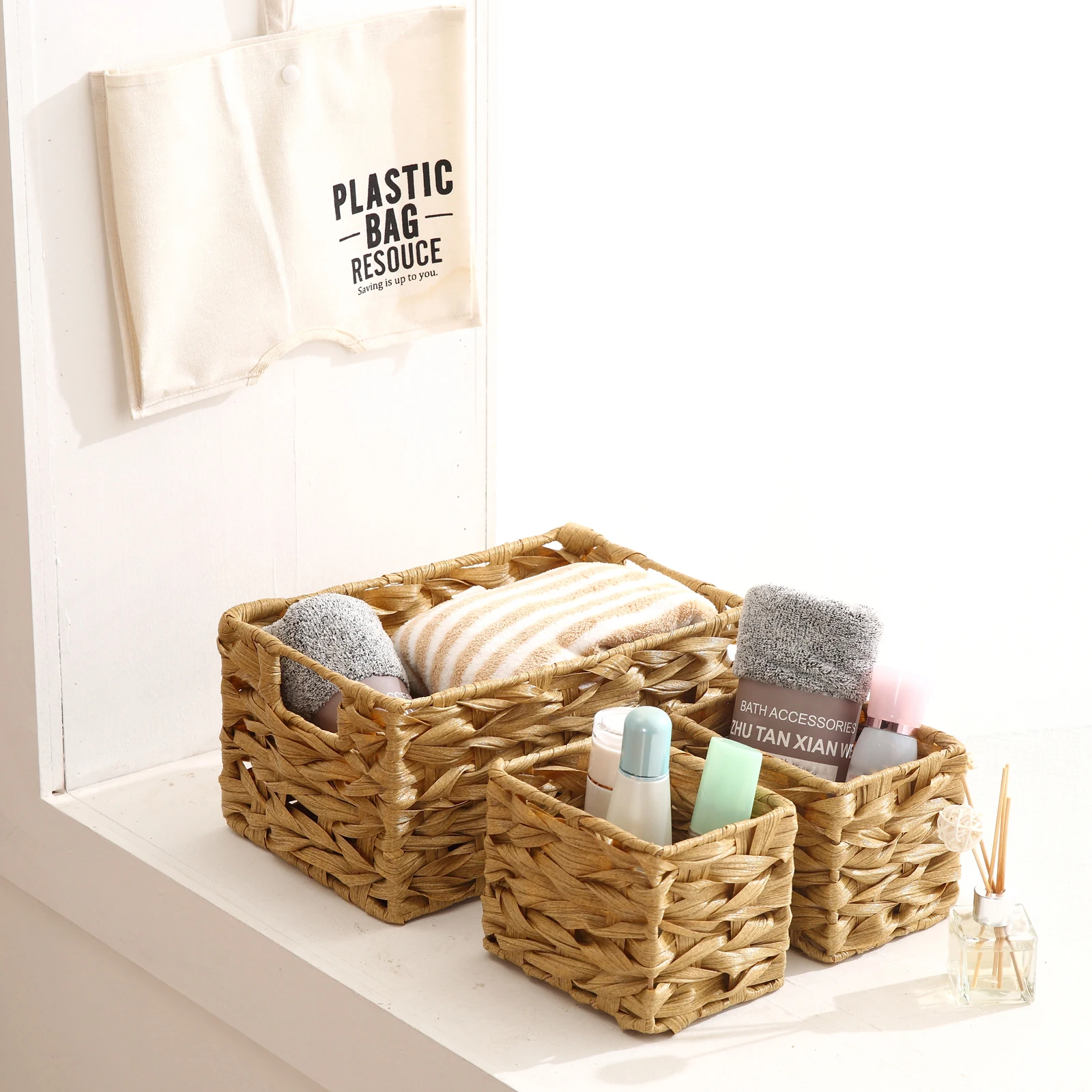 set of 3 plastic pp woven storage baskets for toy