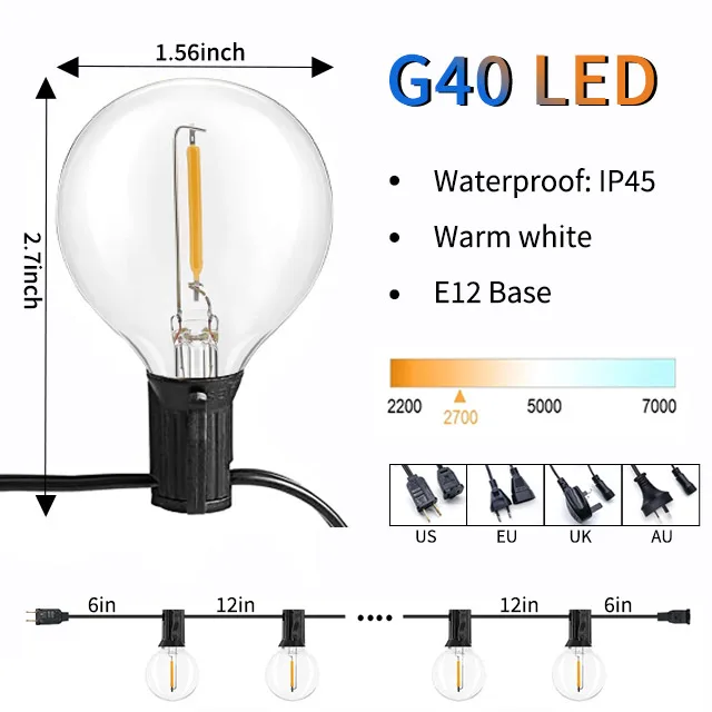 Factory Supply Waterproof Super Long 25ft Outdoor Indoor Decoration Christmas Patio G40 Bulb 25+2 LED String Lights