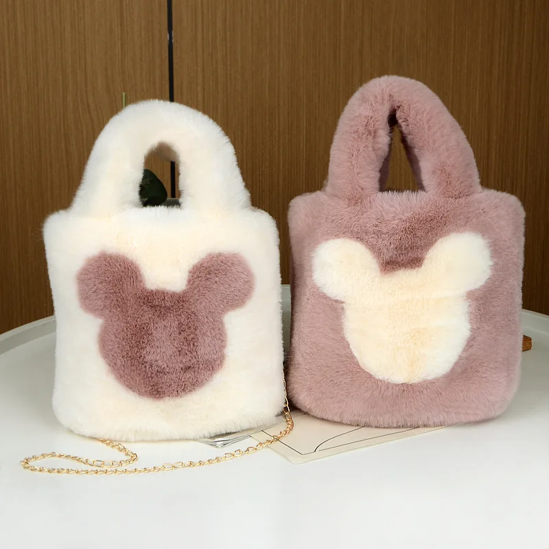 New Arrivals Cute Mouse Ear Furry Handbag Girls Sweet Single Shoulder Bucket Bag Chain Crossbody Bag Winter Warm Plush Tote Bag