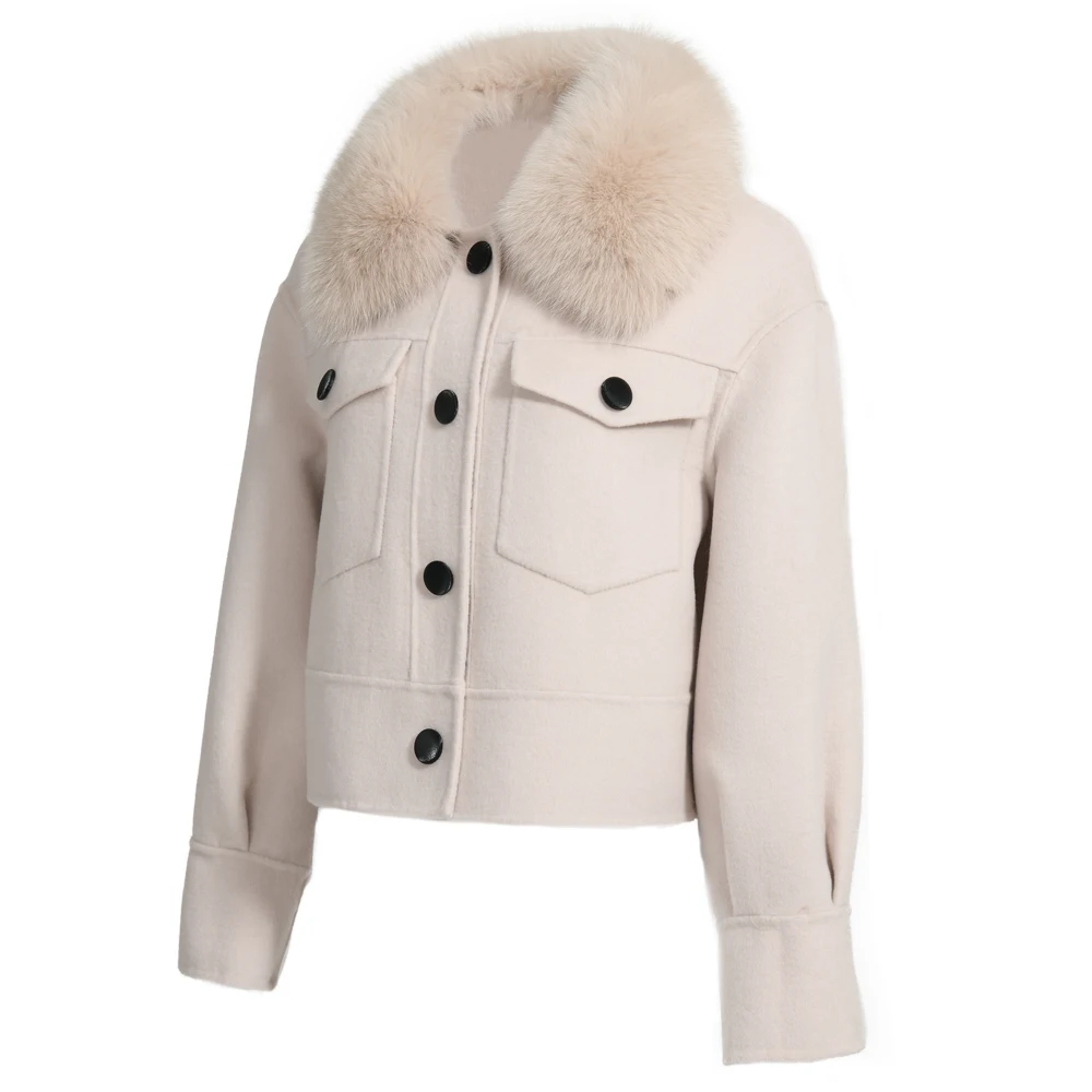 Wholesale Single Breasted Cropped Cashmere Women Coat Fluffy Real Fur Collar Elegant Custom Soft Double Faced Wool Winter Coat