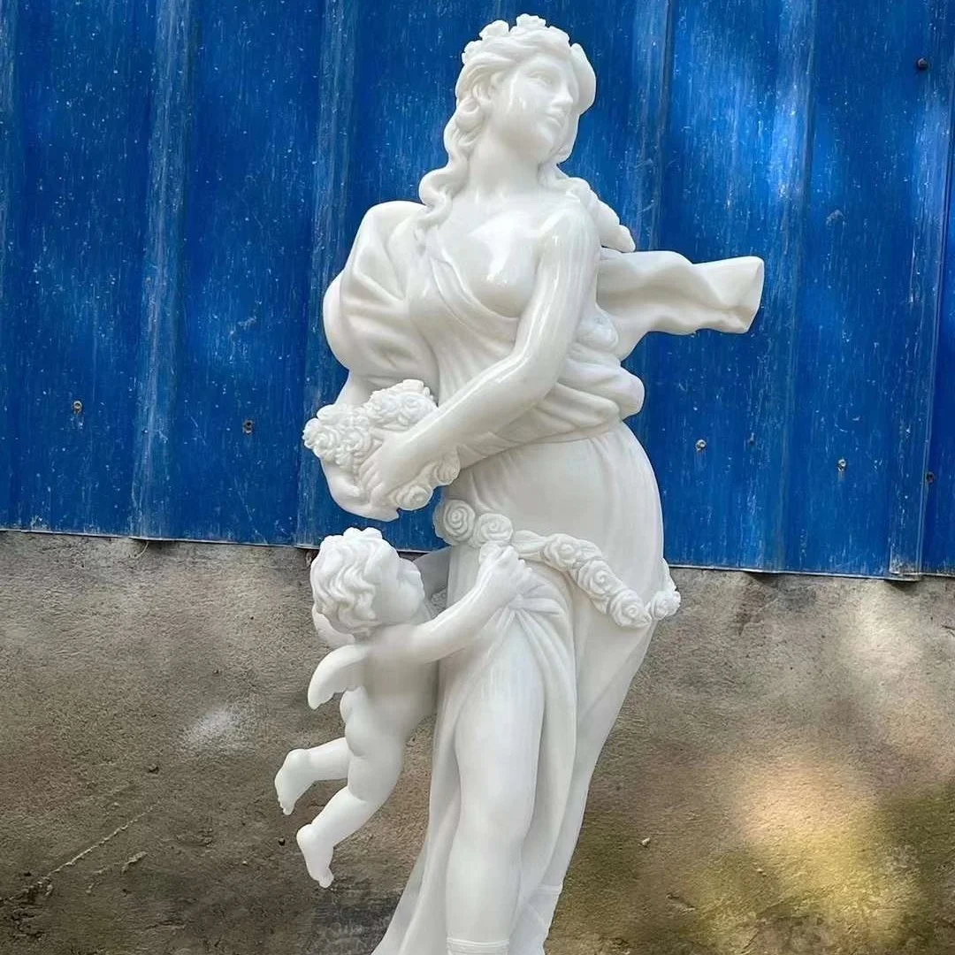 Life Size Beautiful Sexy Woman With Baby White Marble Statue Sculpture For Garden Decor