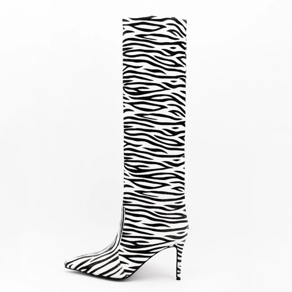 Hoslasenshoes black and white 2022 new shoe Zebra print 3.5 inches thin heel women knee boots comfort fashion autumn long boots