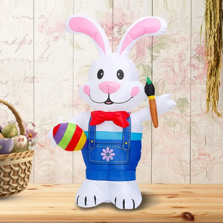 Outdoor Easter Inflatable Blue Bunny Holding Egg Inflatable Easter Rabbit Party Festive Outdoor Yard Inflatable Easter Decor