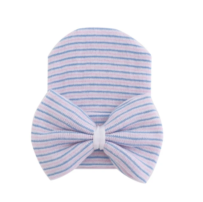 Вязаные шапки унисекс с бантом для новорожденных девочек и мальчиков, шапки, Симпатичные полосатые Шапки для малышей