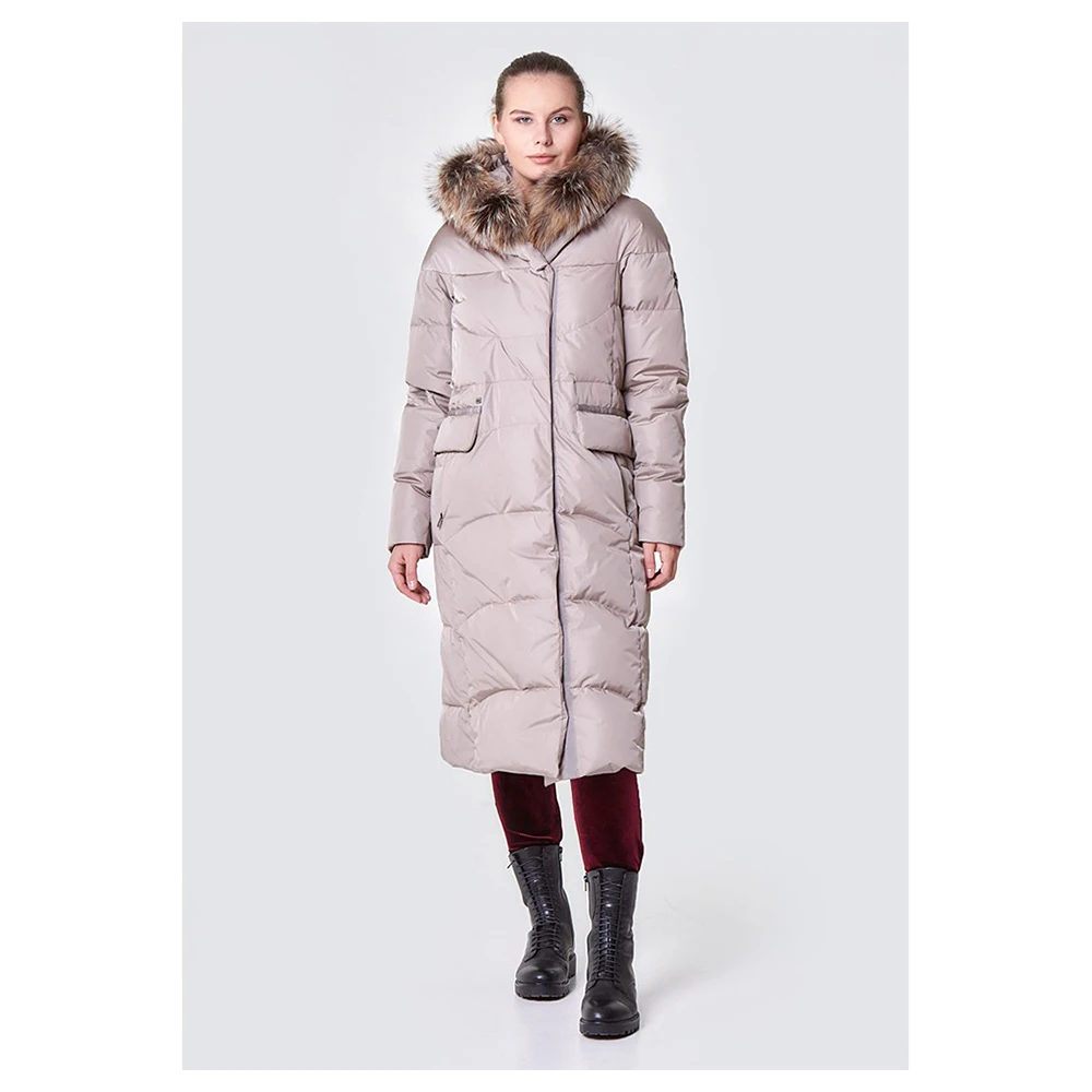 Natural goose down winter jacket for women with fur hood/ Unique shoulder cut ladies winter zipper coat for cold weather