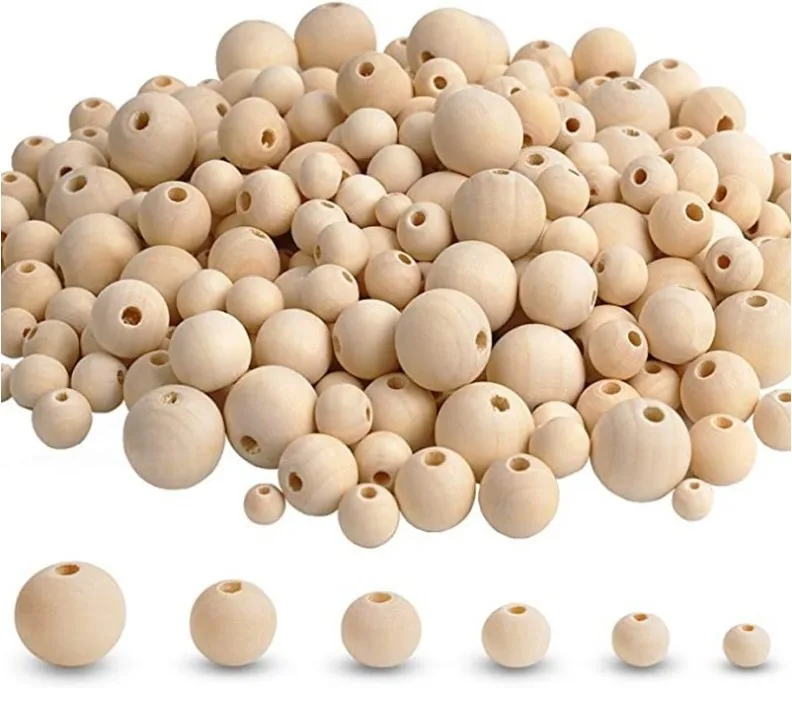 Natural Unfinished Wood Loose Beads Wooden Beads with Hole for DIY Projects