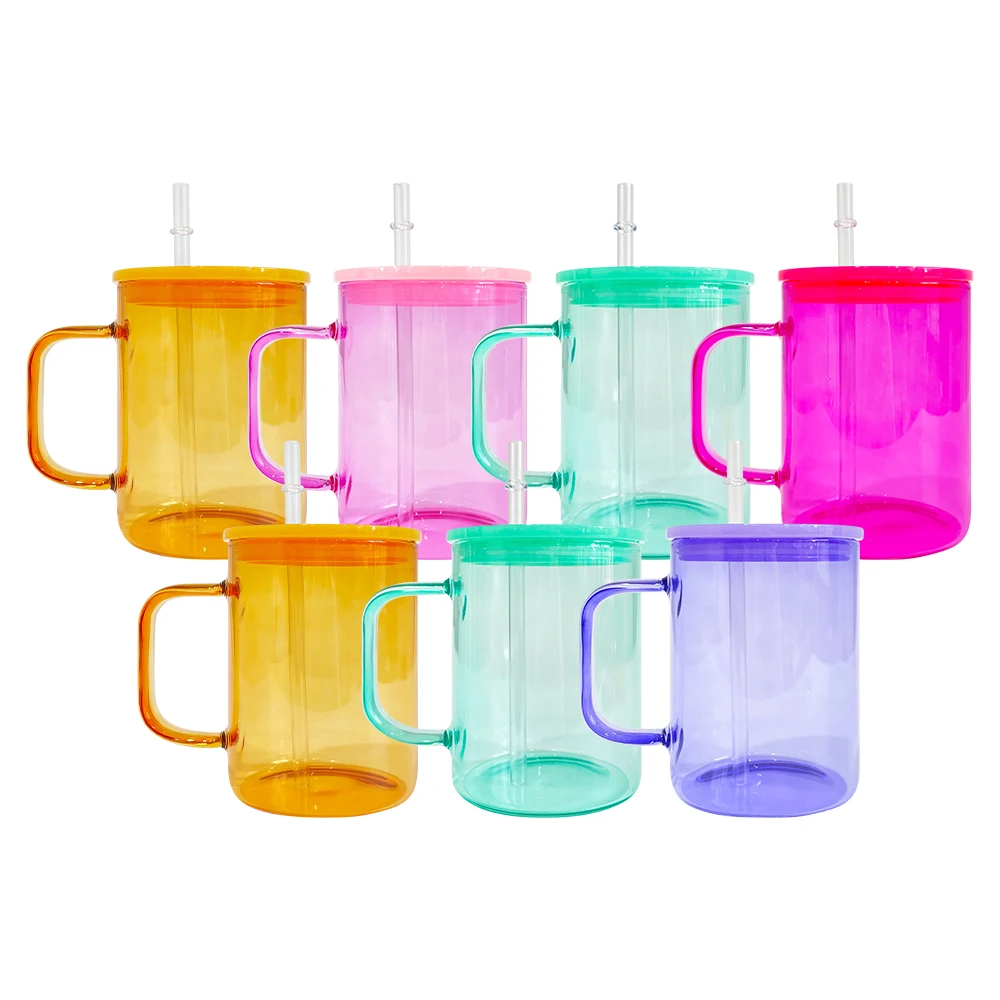 Wholesale USA warehouse colored 17oz clear sublimatable jelly glass mugs with plastic pp lid and straw For hot printing