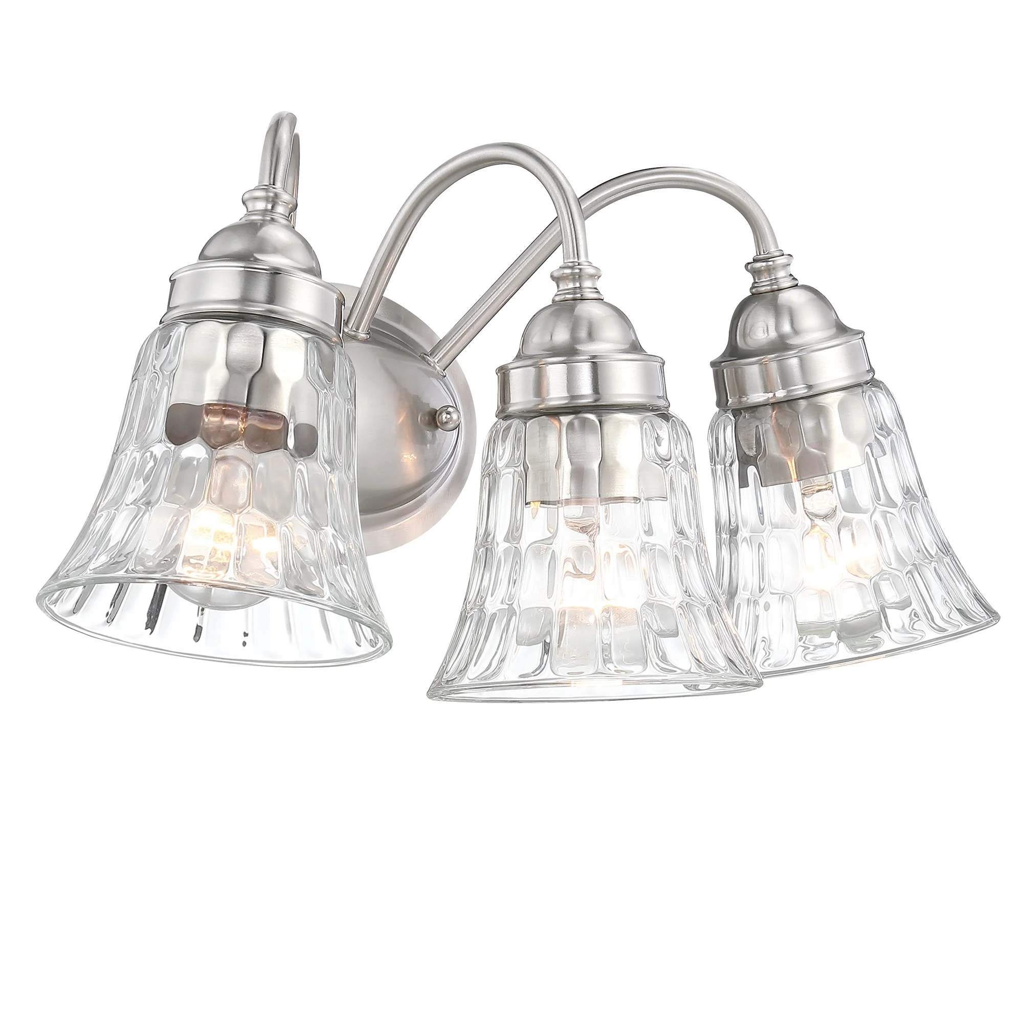 3-Light Bathroom Vanity Light Fixture Brushed Nickel Industrial with Hammered Glass Shade over mirror dressing Table
