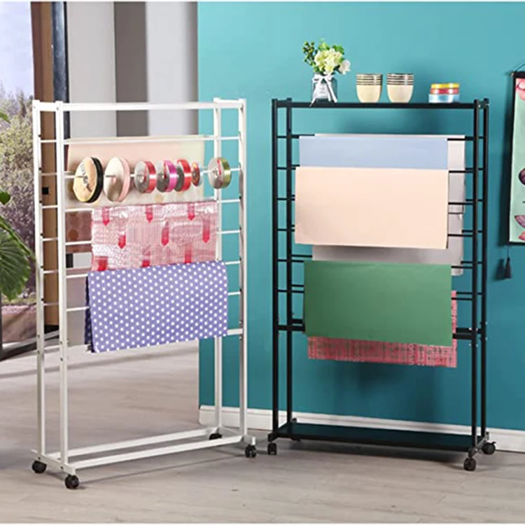 JH-Mech Ribbon Rack Cart with Wheels Large Capacity 8 Tier Heavy Duty Metal Double-Sided Wrapping Paper Display Shelf