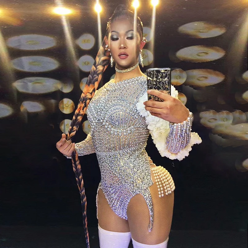 Monos Sexy Tassel Crystal Rompers Women Jumpsuit Party Club Performance Wear Pole Dance Leotard Rhinestone Pearl Bodysuits