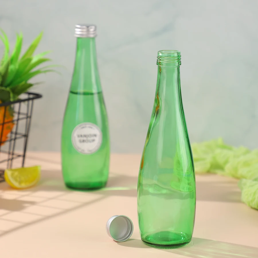 Empty Reusable Customized Green Drinking Glass Bottle 330ml For Sparkling Water For Juice Milk Tea Smoothie with lid
