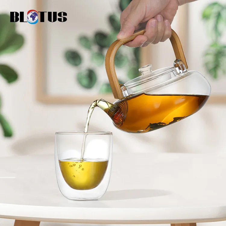 High Borosilicate Custom Glass Tea Set Including Glass Teapot With Bamboo Handle And Glass Cup