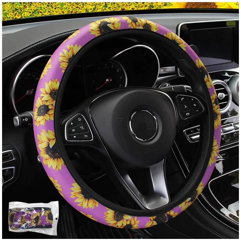 With car logo elastic print pattern universal car steering wheel cover custom with blue lady on it car steering wheel cover set