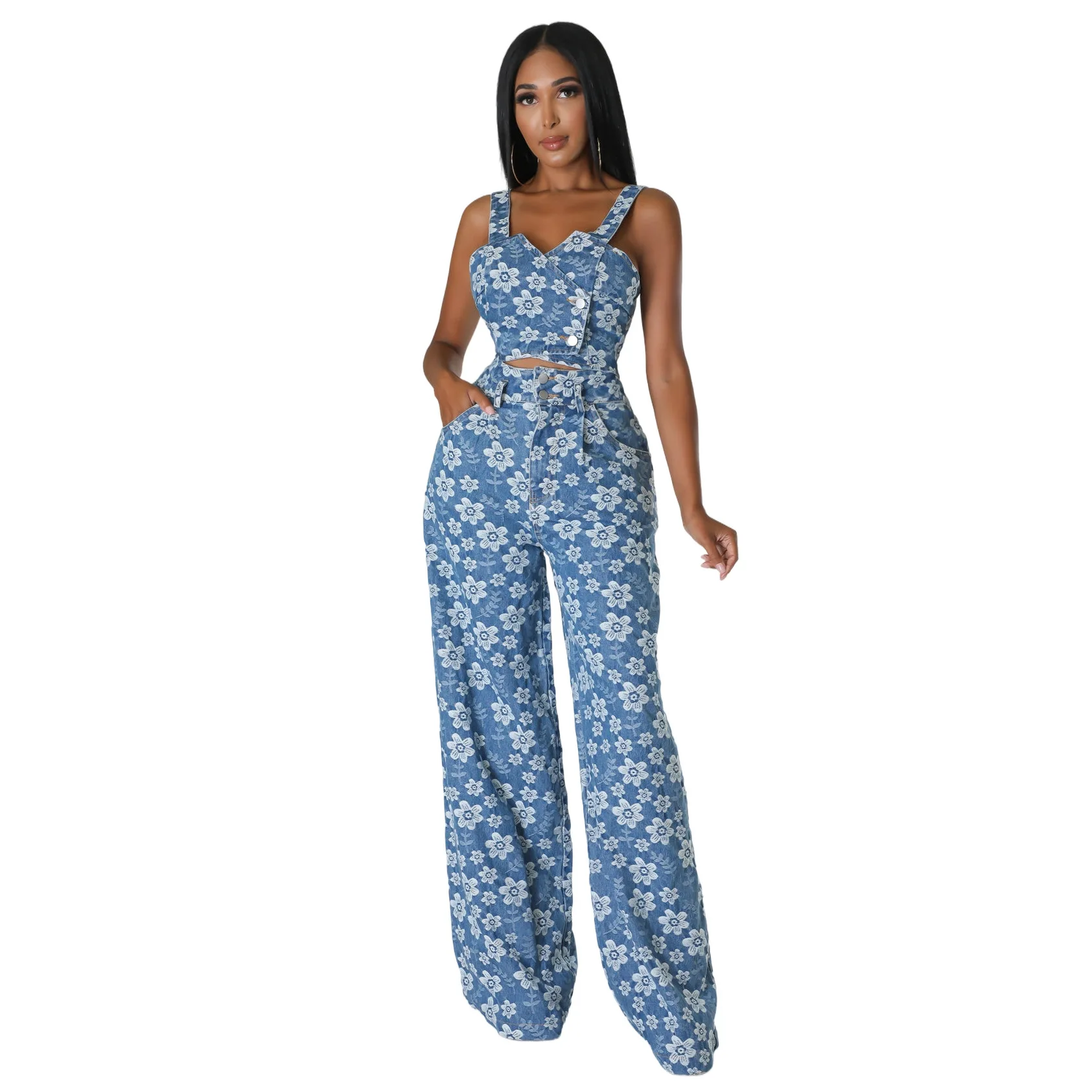 2024 Jacquard Floral Two Piece Sets Women Denim Outfits Fashion Strap Wrap Crop Top And High Waist Wide Leg Jeans Club