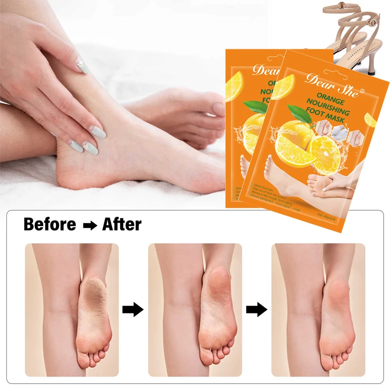 Private Label  In Stock Dear She orange Vitamin C Nourishing Foot Mask Reduce Skin Rough Aging Moisturizing Whitening Foot Skin