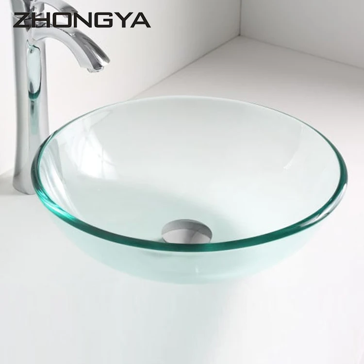 ZHONGYA Modern Glass Vessel Sink Above Counter Bathroom Vanity Round Glass Washing Basin