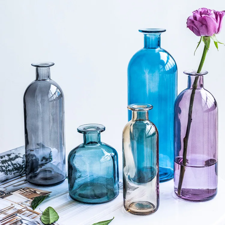 Nordic Ins Style Home Decoration Accessories Living Room Dried Flowers Arrangement Transparent Colored Glass Bud Vases for Homes