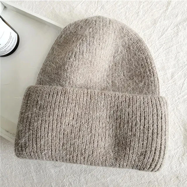 Cold Weather Women Girls Rabbit Fur Angora Wool Blend Hair Knit Cuff Beanie