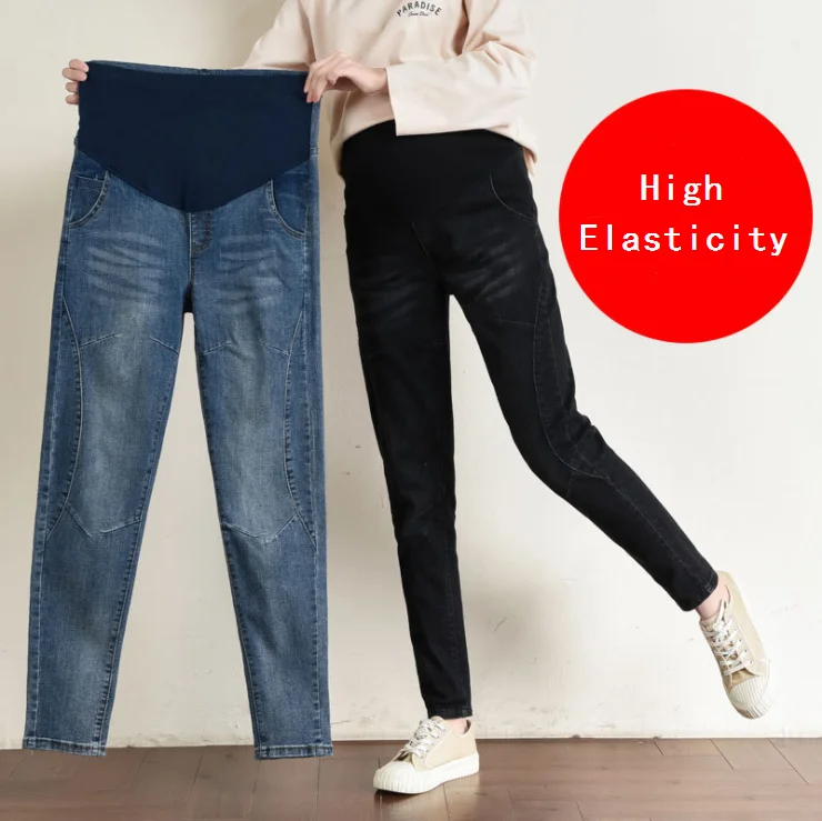 High quality high elasticity women  pregnant denim pants woman maternity denim trousers slim shape denim pants