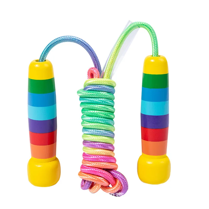 Kid Jump Ropes with Wooden Handle Rainbow Cotton Rope Outdoor Fun Activity Adjustable Skipping Rope