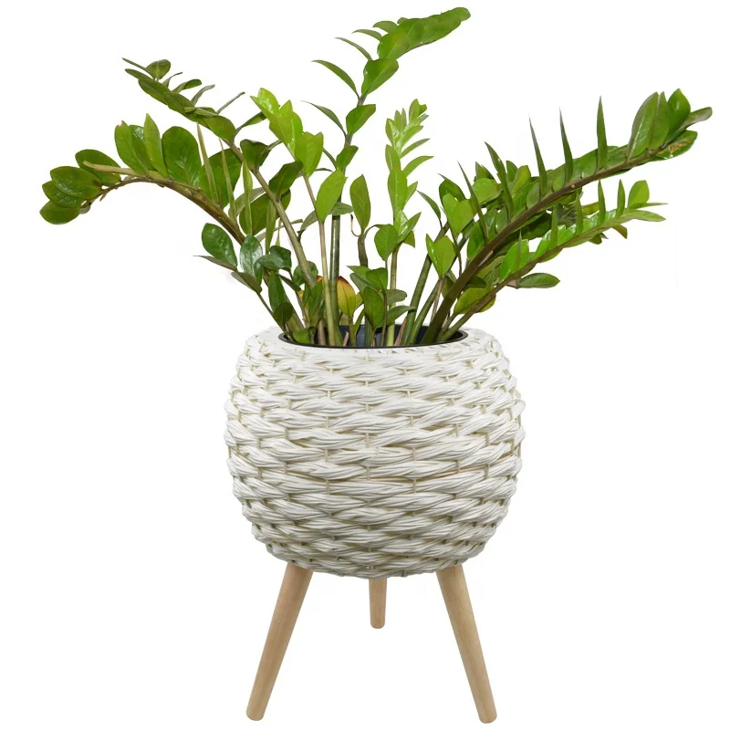 White Round Home Decor Rattan Wicker Basket Indoor Plant Pot & Flower Plant Basket Handmade Plastic with Wood Legs New Design