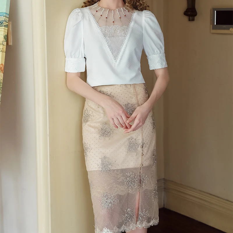 Women Spring Summer Split Elegant Long Skirts Apricot Embroidered Wrap Skirt Ladies Office Or Daily Fashion Out Wears