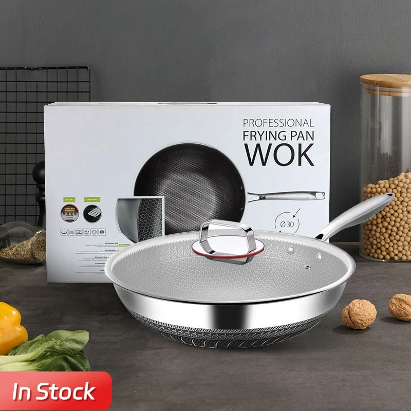 Cookware Reusable 304 Stainless Steel Frying Pan Honeycomb Pans Wok  Non Stick Skillets for Restaurant