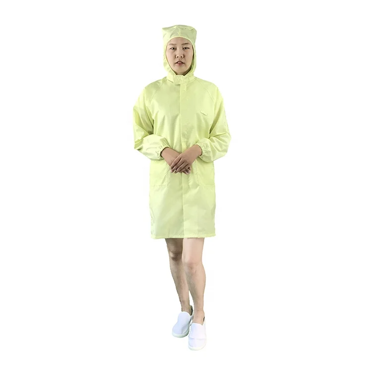 Lint Free Washable Reusable 5Mm Grid Yellow Hooded Lab Coat Cleanroom Smock ESD Anti Static Gown