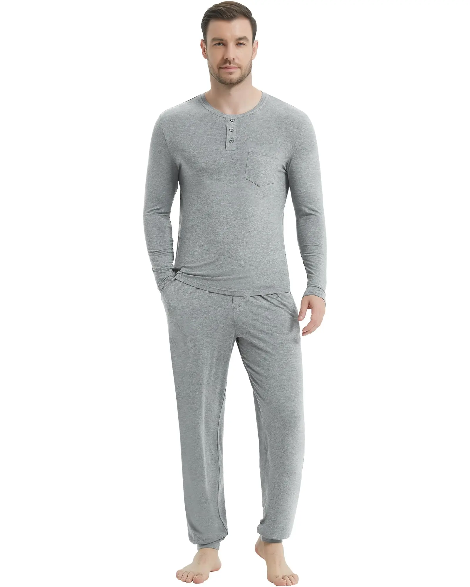 Cotton Mens Pajamas Set Long Sleeve Henley Sleepwear Top Soft Jogger Pants Pajamas Cool Pj Set Bamboo Loungewear Set
