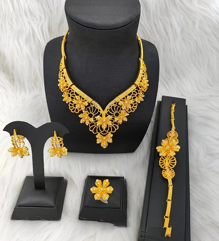 24k Gold Plated Jewelries Dubai Alloy Jewelry Set Popular 24k Gold Jewelry Four Piece Earring Bracelet Ring