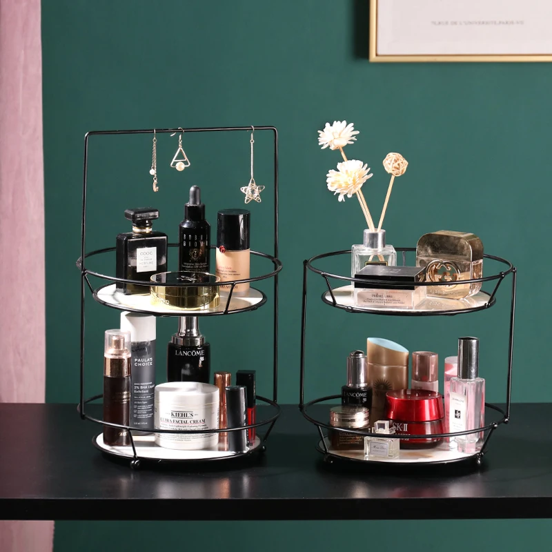 Metal Crafts,Cosmetic Storage Rack,Double-layer Serving Trays Jewelry Tray Storage Rack With Handle