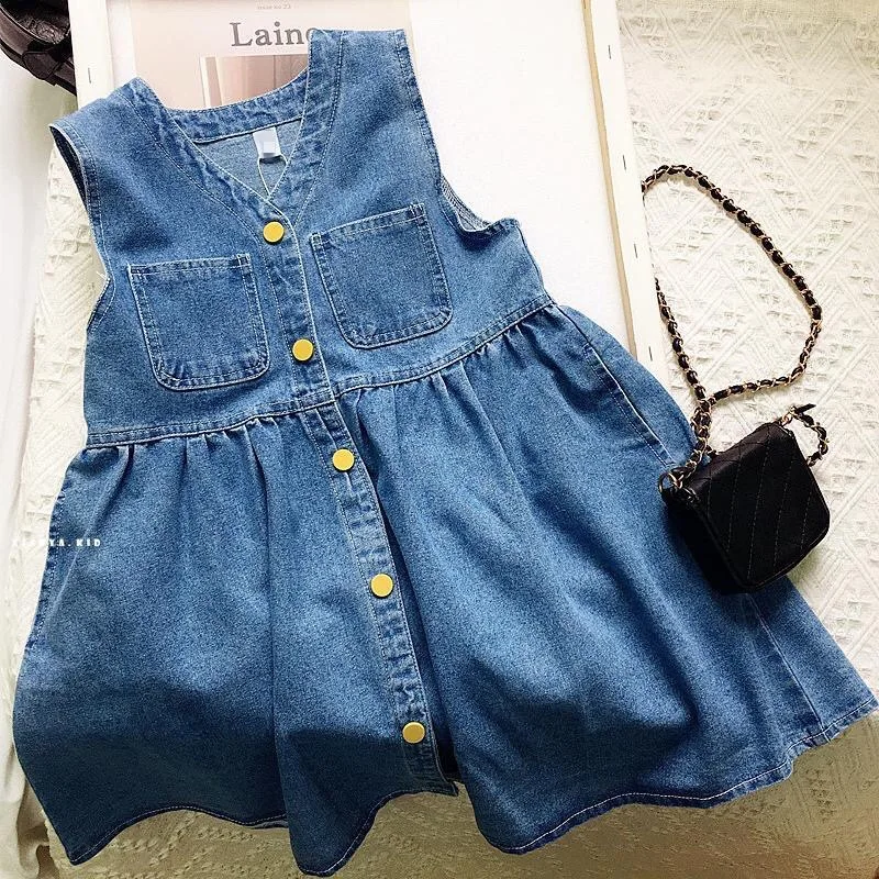 2023 New Summer Fashion Sleeveless Button Solid Color V-neck Single Breasted Skirt Children Ruffles Frock Girls Denim Sundress