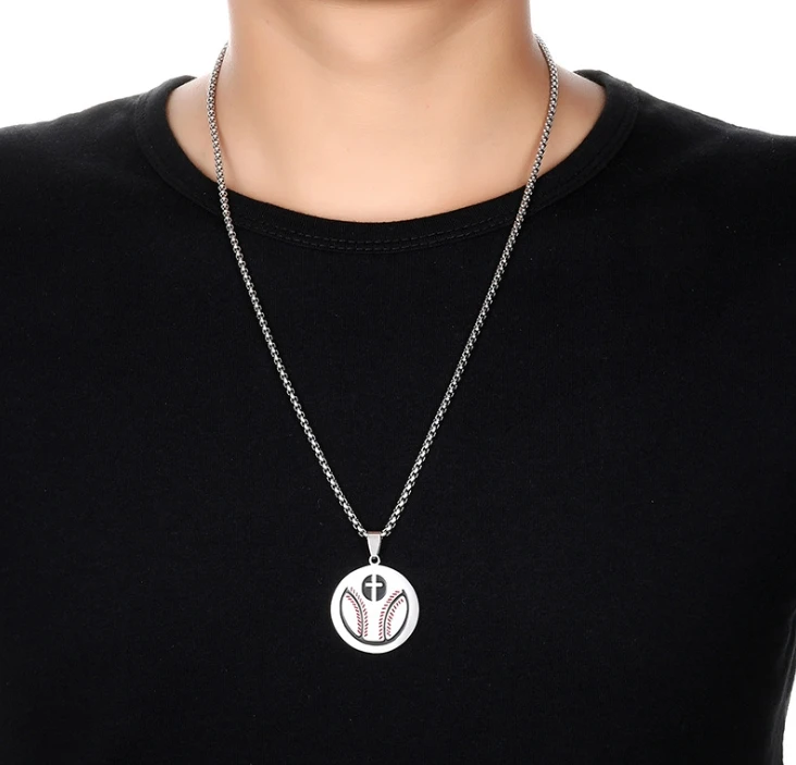 Stainless steel baseball cross round medal tennis pendant for necklace Bible verses religious sports jewelry