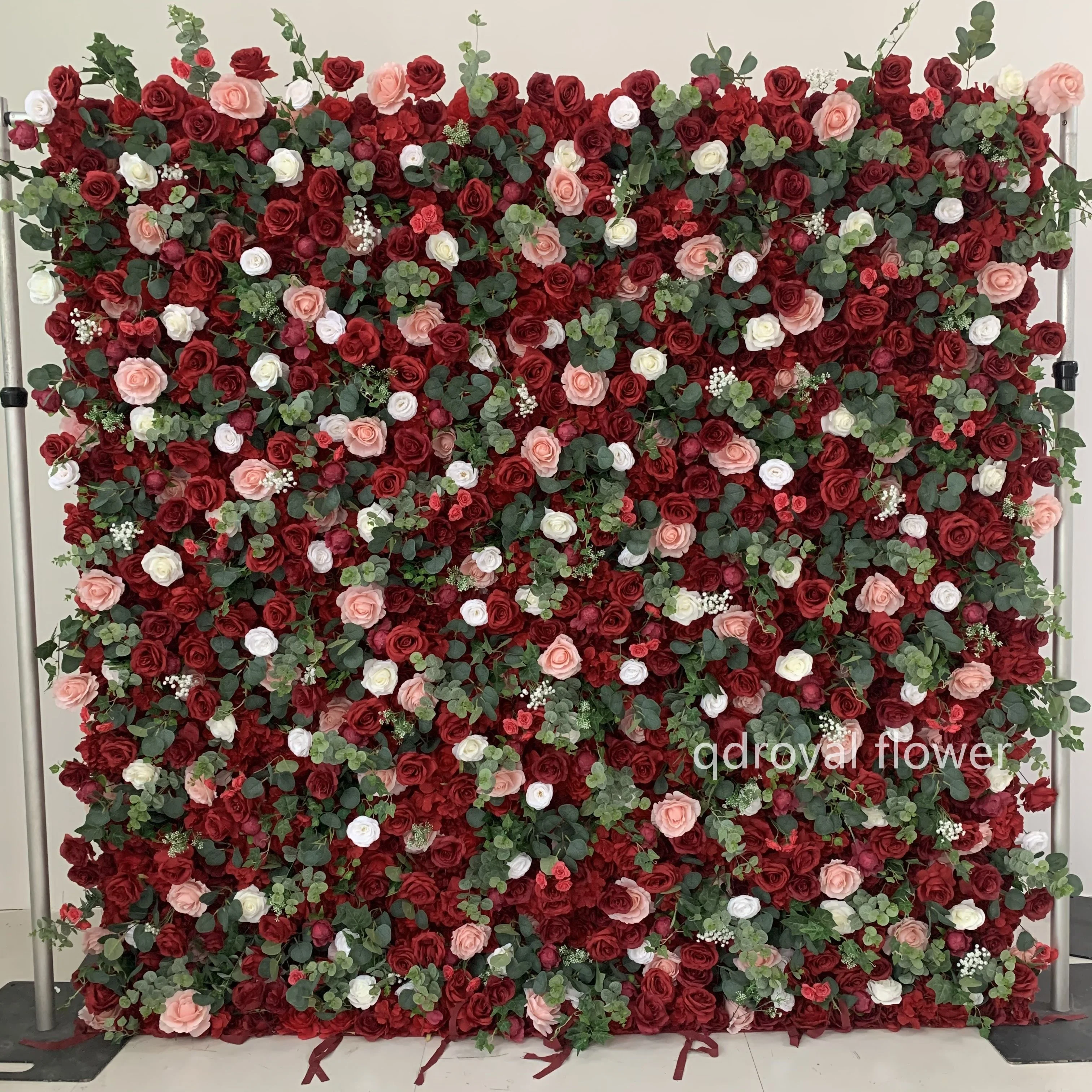 Wedding Stage Decor Floral Background Mat Pink Silk Rose Flower Wall Backdrop Panel 3d Roll Up Fabric Artificial Flower Wall