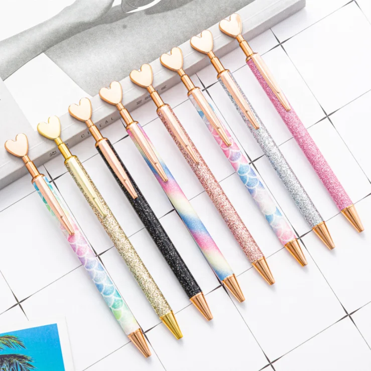 Free Shipping Promotional Heart Shape Glitter Ballpoint Metal Retractable Pens For Women With Black Ink Office Supplies Gifts