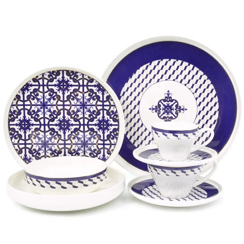 New arrival exquisite golden dark bule color 20 pieces bone china dinner set Russia market hot sale special shape