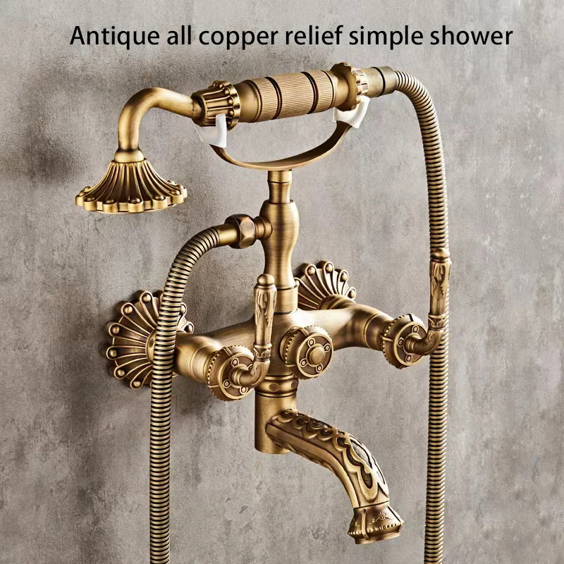 Bathroom European style retro antique exquisite carving handle all copper relief simple shower
