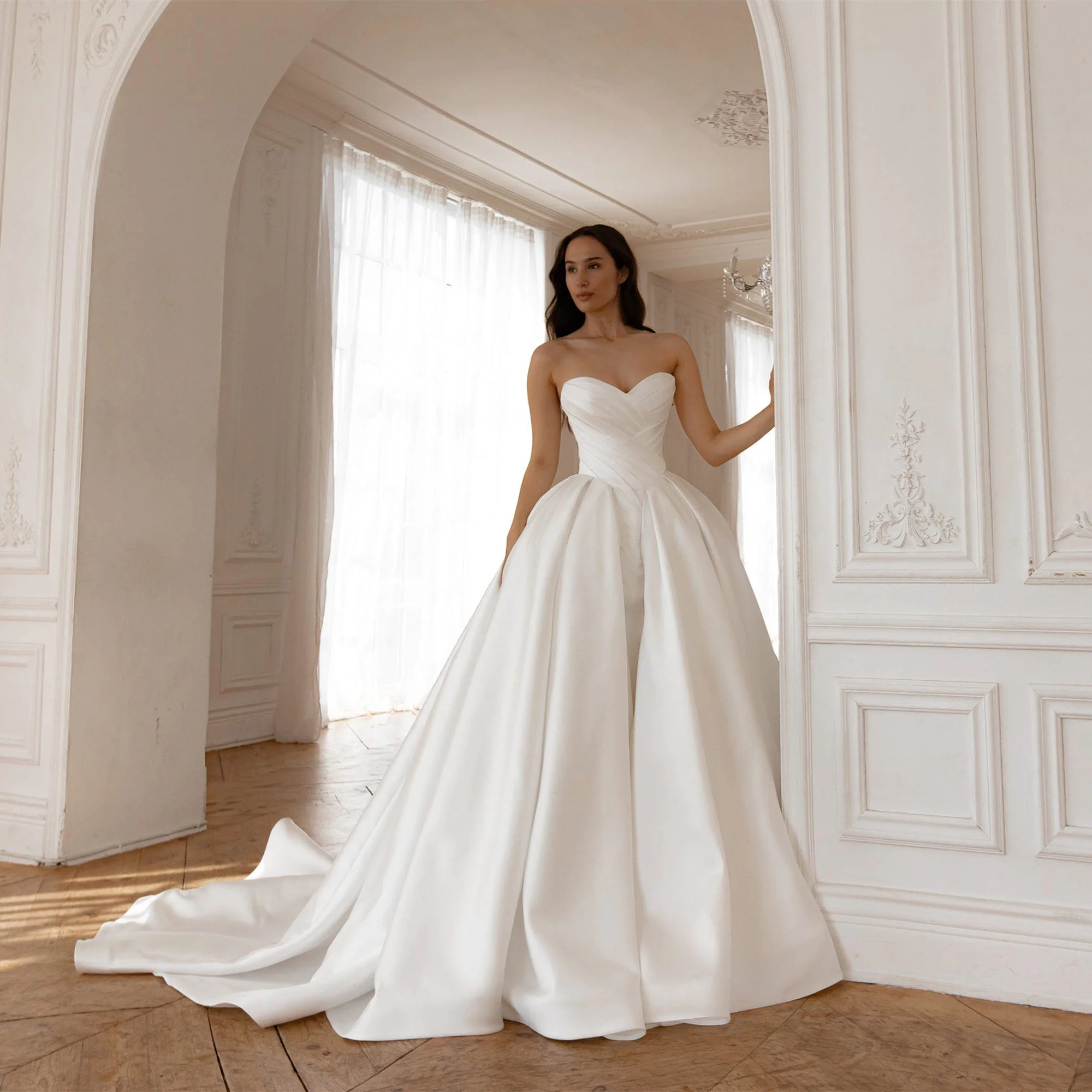 Ruolai WTH045 Minimalist Style Sweetheart Ball Gown Wedding Dress Off Shoulder Draped Short Sleeve  Satin Princess Wedding Dress