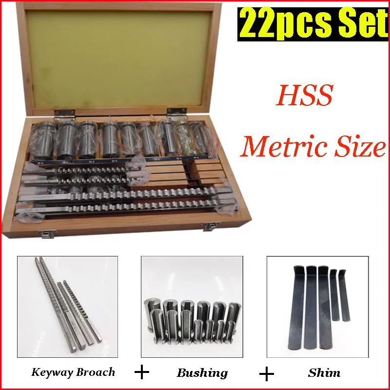 
22pcs HSS Keyway Broach Set with Collared Bushing Shim Metric System For CNC Router 