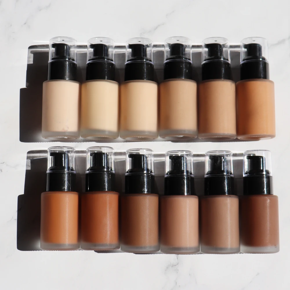 Private Label 12 Color Waterproof Liquid Foundation with Whitening Sunscreen Matte Finish Dark Skin Tone Mineral Ingredients