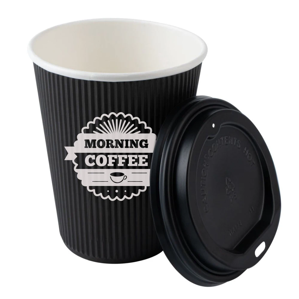 LOKYO Food grade eco friendly take away pla 8 10 12 16 20 oz disposable black ripple double wall hot coffee paper cup with lids