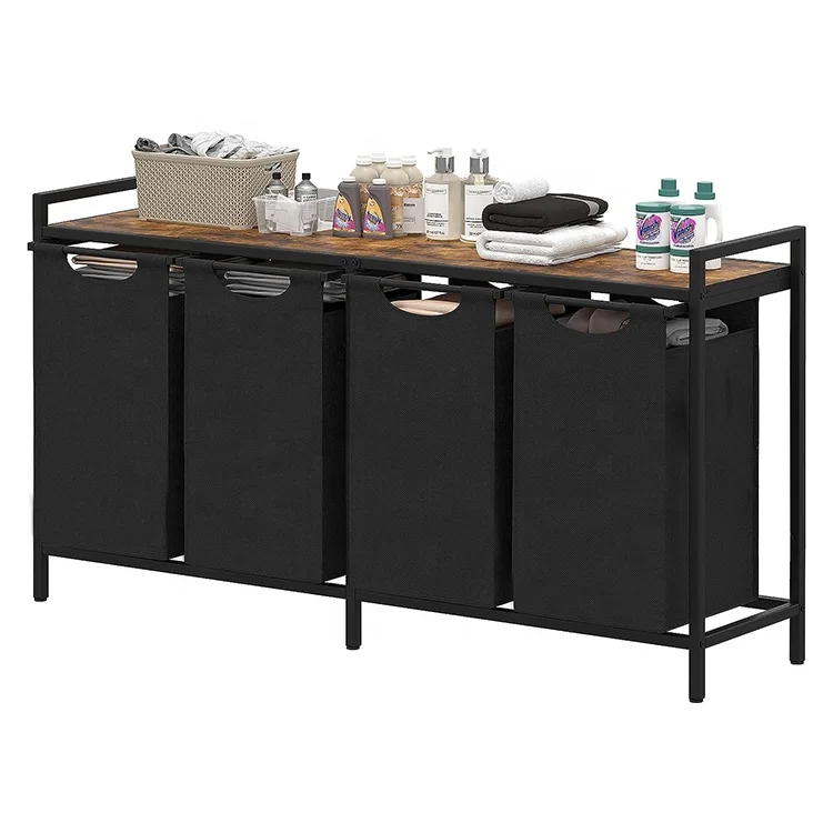 Large capacity 3 compartments rustic dirty clothes storage wood laundry hamper basket with drawer