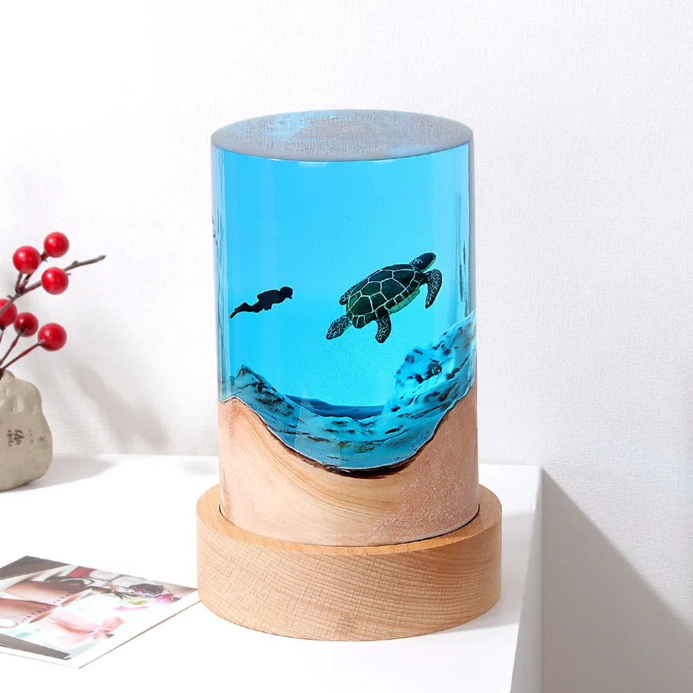Home Decor Epoxy Resin Table Lamps Ocean Turtle Diver Desktop Ornament Cylinder Solid Wood Resin Night Light