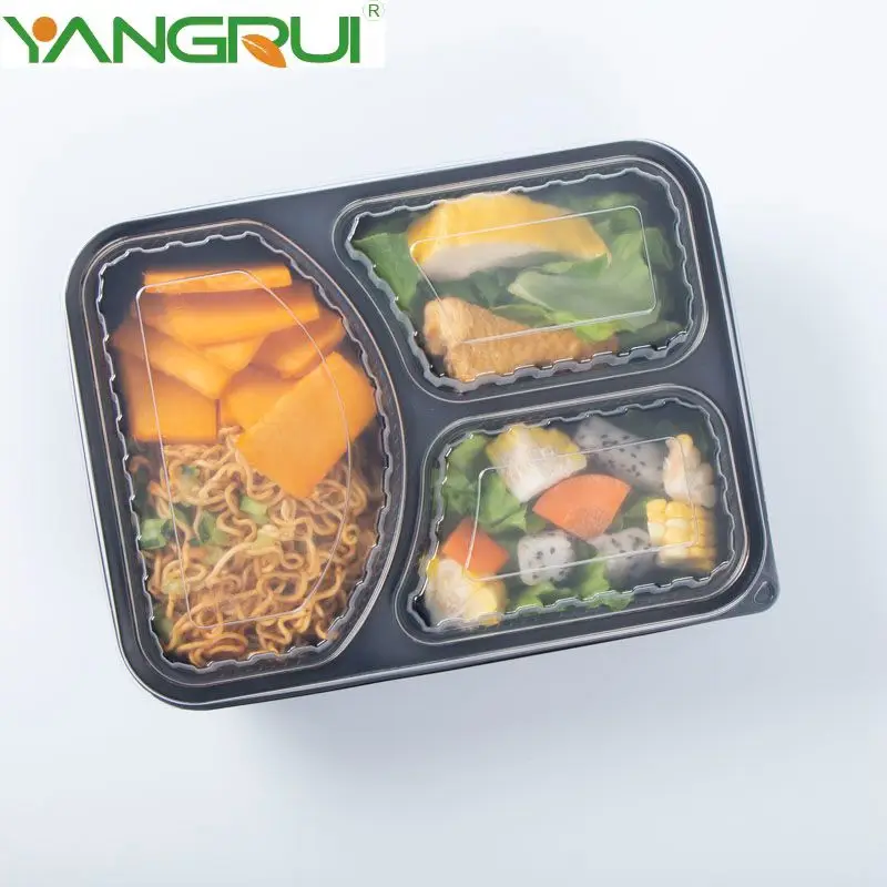 Eco Friendly Black Heavy Weight Microwave Disposable Food Bento Boxes Take Away 3 Compartment Lunch Boxes With Clear Lid
