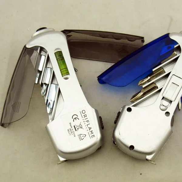 8 in 1 mini multi-funciton screwdriver bit tool kit set with led flash light and level and 1M tape measure